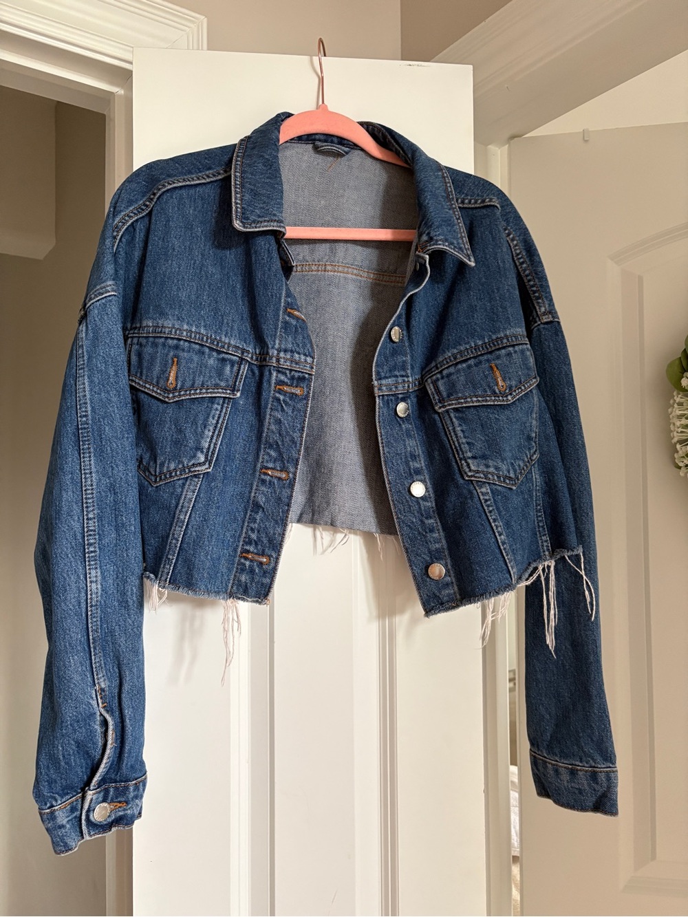 Topshop Medium Blue Denim Jacket with Frayed Hem
